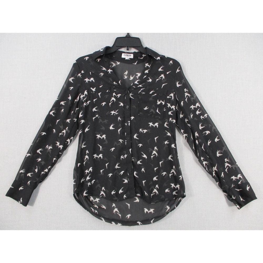 EXPRESS Black White Bird Print Sheer Flowy Portofino Button Up Blouse Women XS